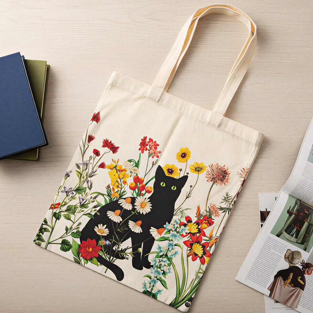 Tote bag with a black cat and floral design on a wooden surface
