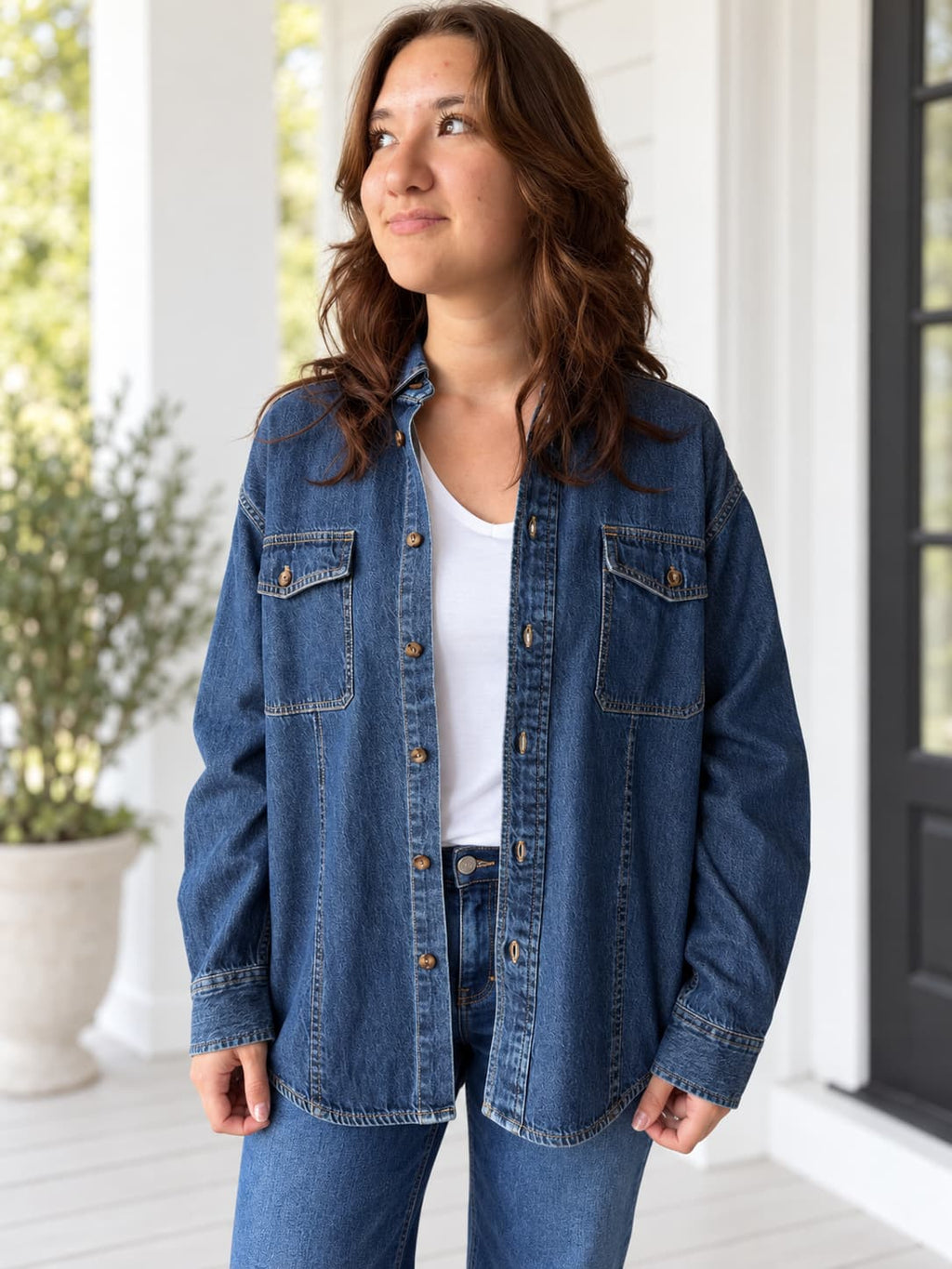 Bayeas Dark Blue Oversized Denim Button Down Shirt