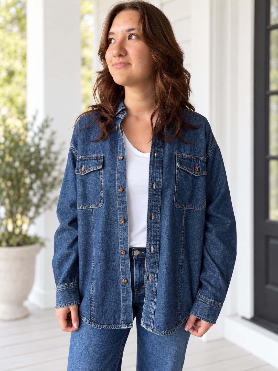 Bayeas Dark Blue Oversized Denim Button Down Shirt