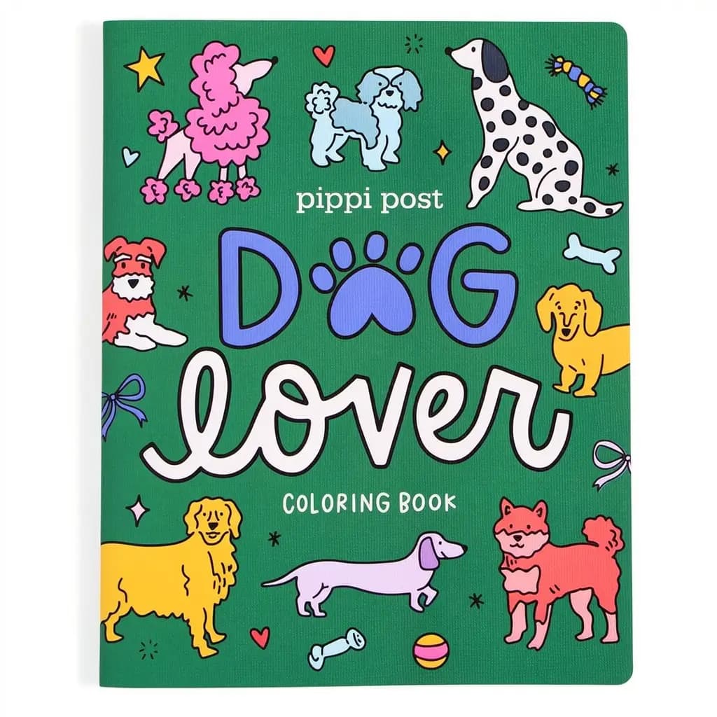 A adult coloring book titled 'Dog Lover' by Pippi Post, featuring a green cover decorated with colorful cartoon illustrations of various dog breeds.