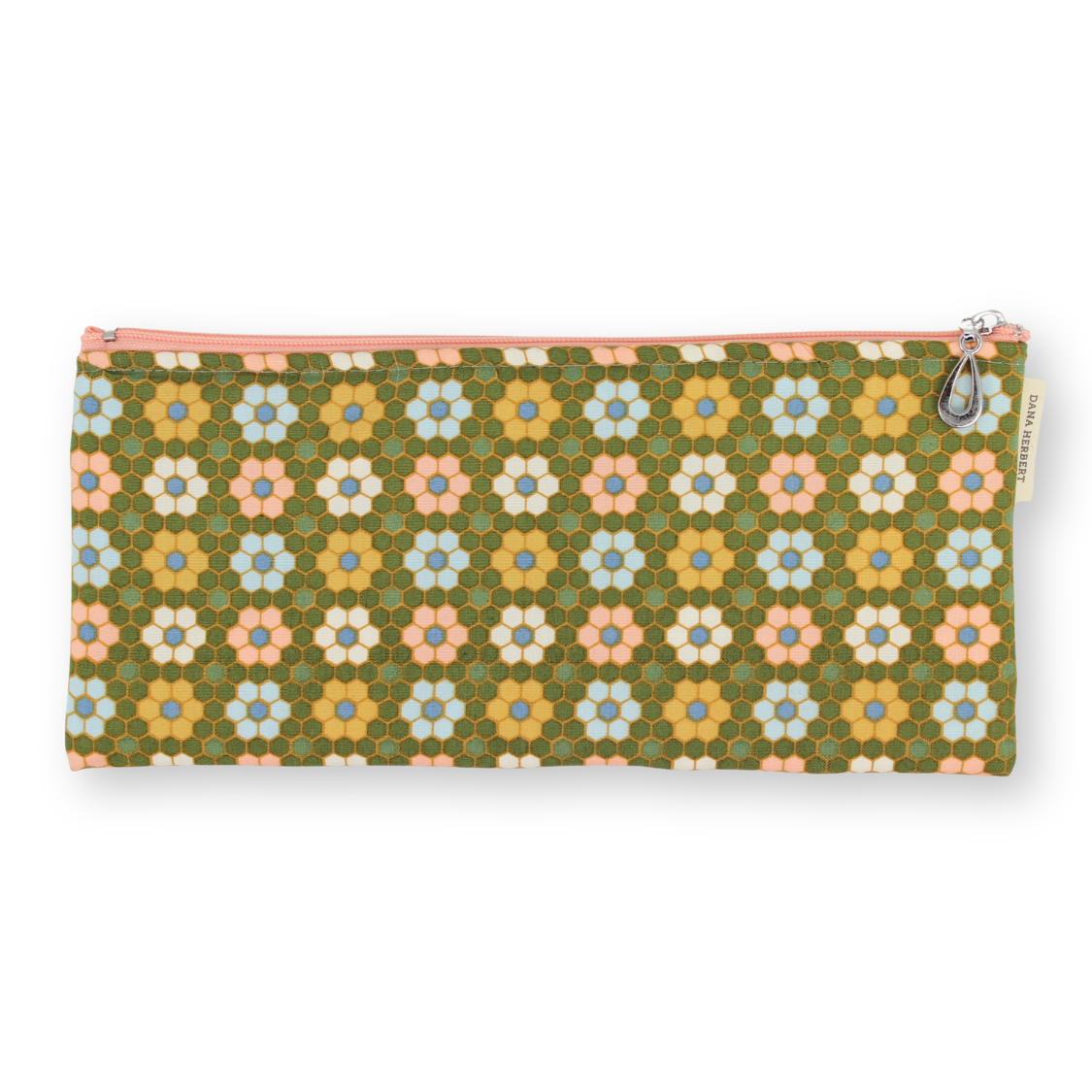 A rectangular zippered pouch with a retro floral pattern on an olive green background, featuring pink, yellow, and light blue flowers. The pouch has a coral pink zipper and a small fabric tag on the right side.