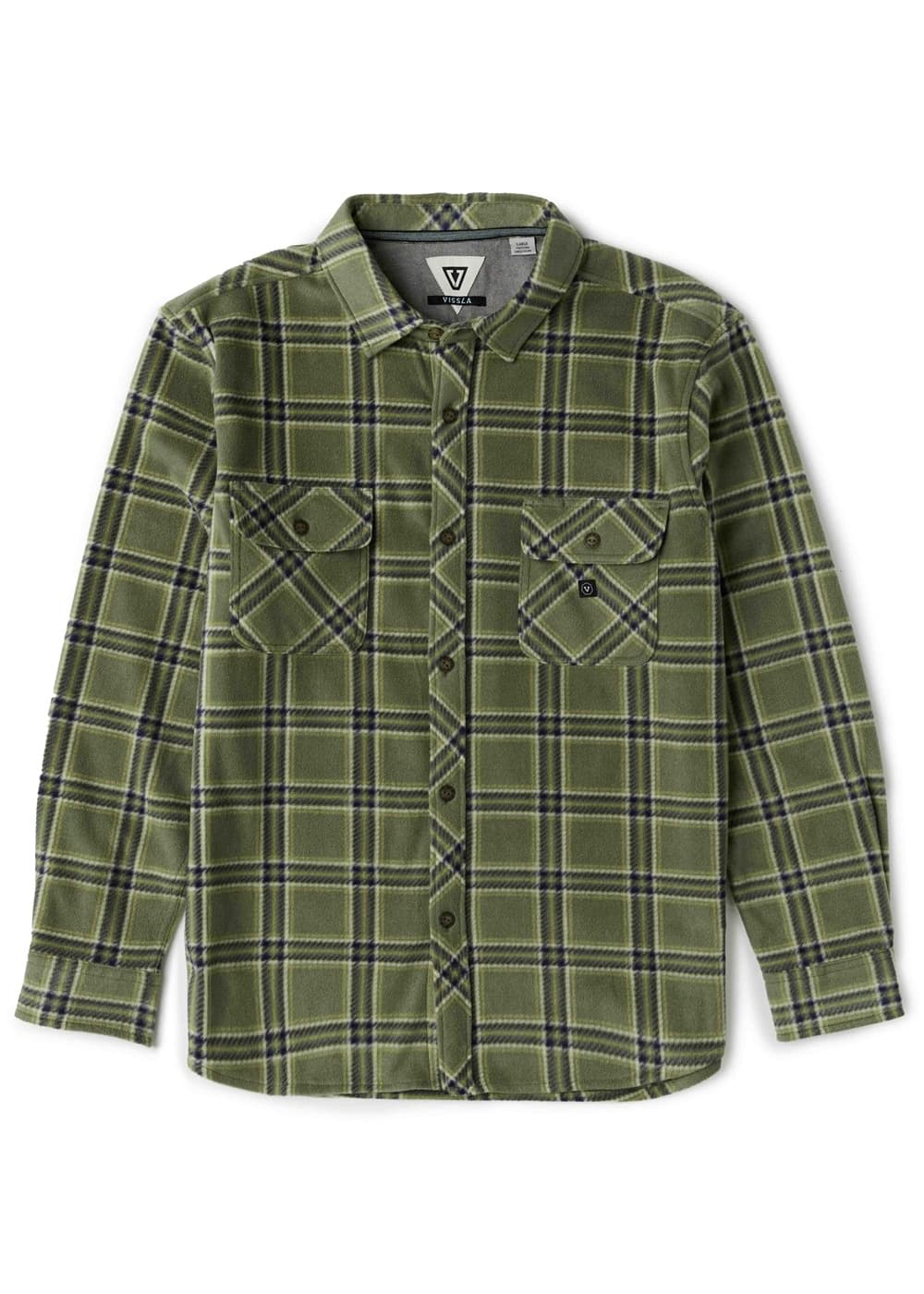 An olive green long-sleeve plaid button-up shirt with two chest pockets, displayed flat against a white background.