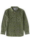 An olive green long-sleeve plaid button-up shirt with two chest pockets, displayed flat against a white background.