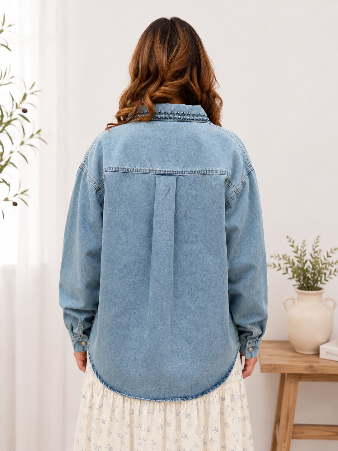 Back of denim shirt jacket with embroidery details
