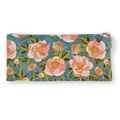 A rectangular zippered pouch featuring a vintage floral pattern with pink and peach flowers, green leaves, and a teal blue background. A small fabric tag on the right side reads 'LUMI PARIS'.