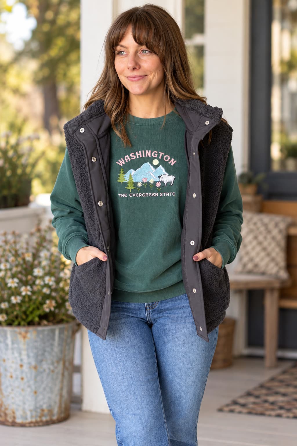 A woman stands on a porch wearing a dark gray fleece-lined zip-up vest over a green crewneck sweatshirt with a 'Washington' graphic, paired with blue jeans.