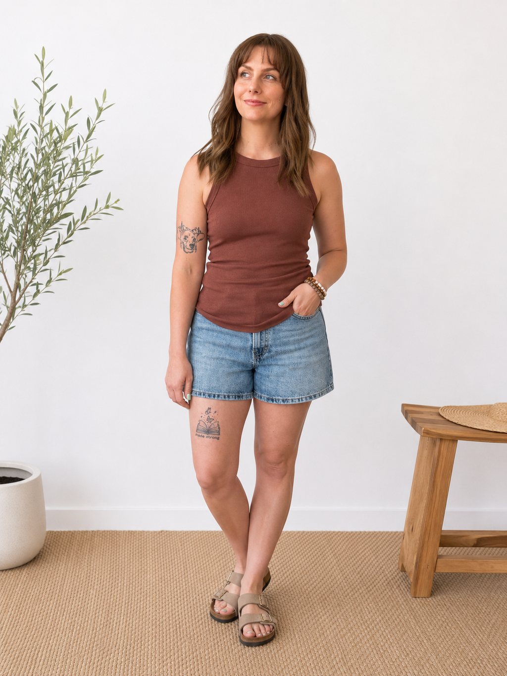 A woman modeling a sleeveless rust-brown tank top and light-wash denim shorts, standing in a bright room with a potted plant, woven rug, and wooden stool.