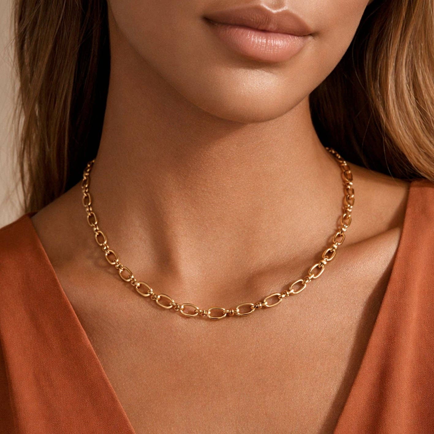 Chain Link 18K Gold Plated Waterproof Stainless Steel Chain Necklace