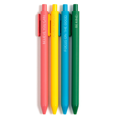 Four colorful pens with motivational phrases on a white background