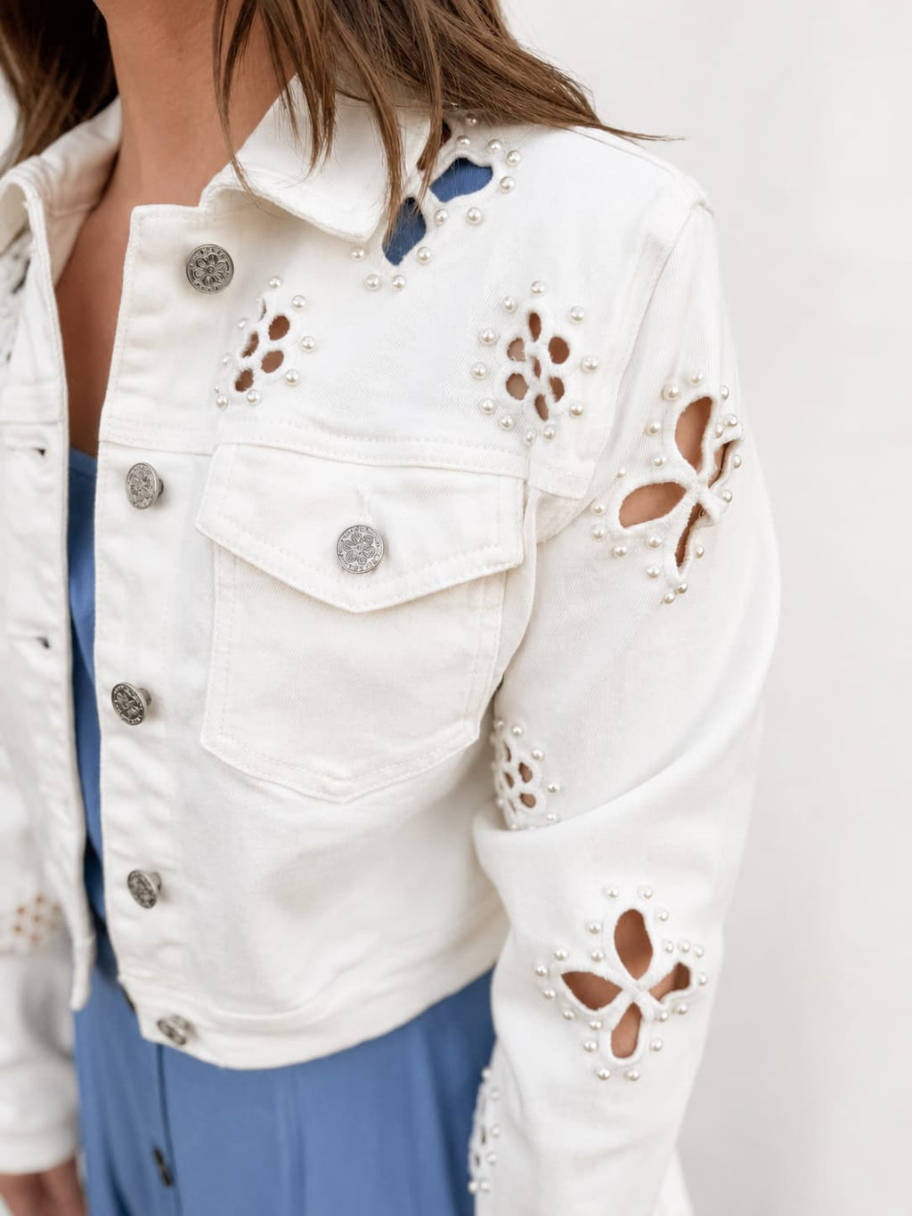 Cut Out Crop White Denim Jacket