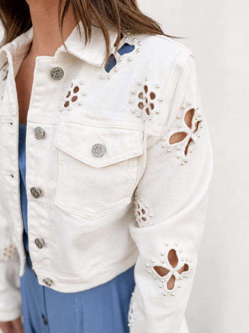 Bayeas Cut Out Crop White Denim Jacket