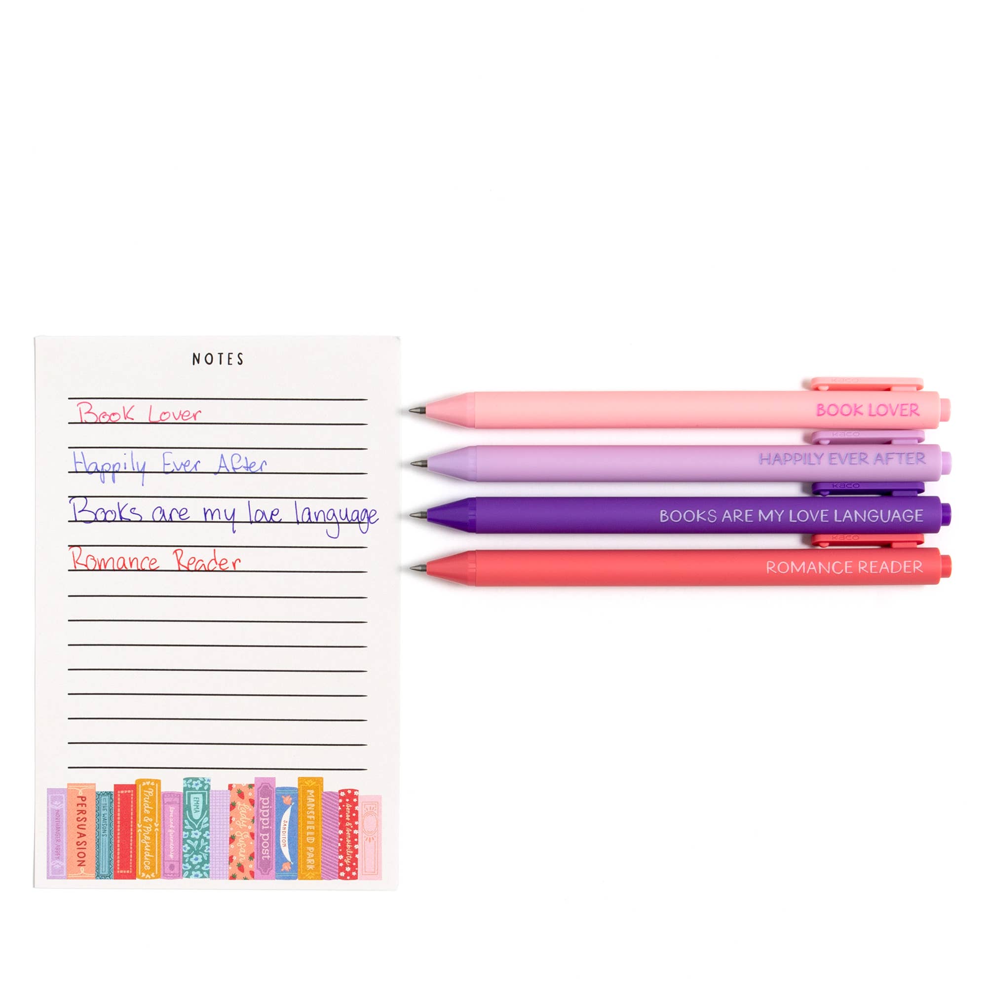 Notepad with colorful pens on a white background