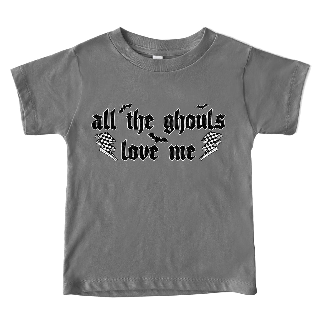 Gray t-shirt with black text and checkered lightning bolts on a white background.