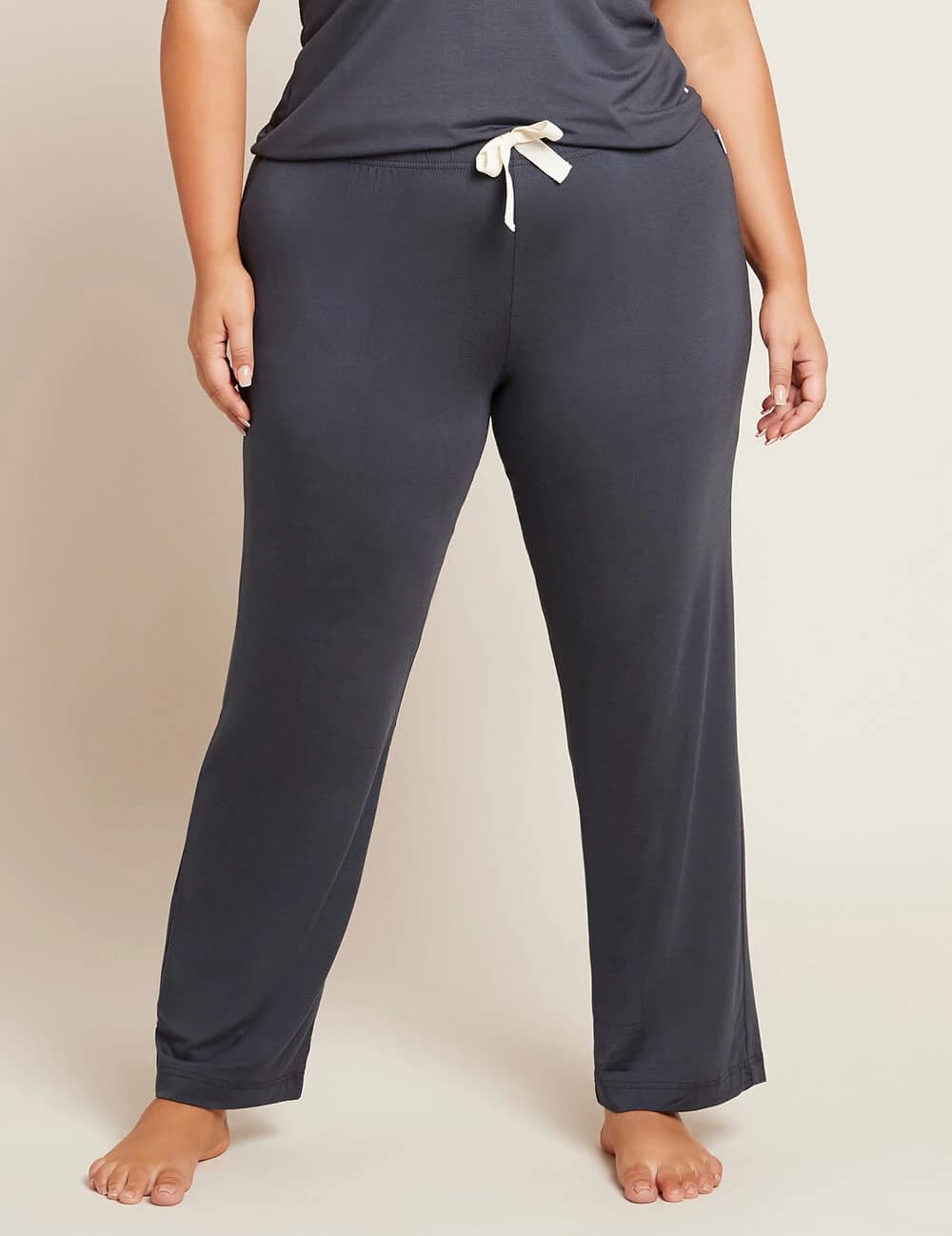 woman wearing Gray Blue lounge pants  with matching cami top and draw string tie 