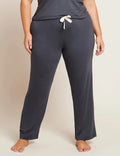 woman wearing Gray Blue lounge pants  with matching cami top and draw string tie 