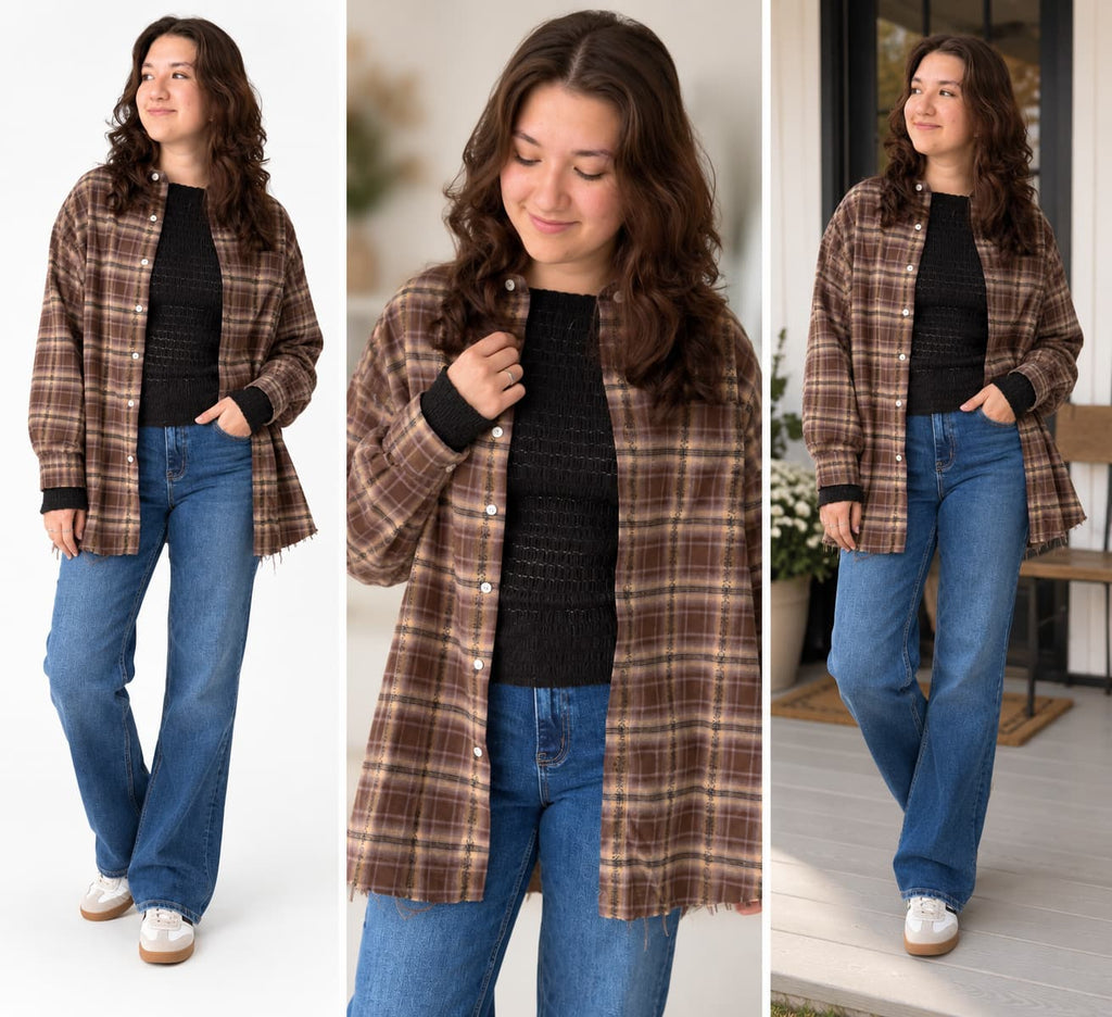 A three-panel collage showing a woman modeling a brown and tan plaid button-front overshirt over a black textured top and blue jeans in different indoor/outdoor settings.