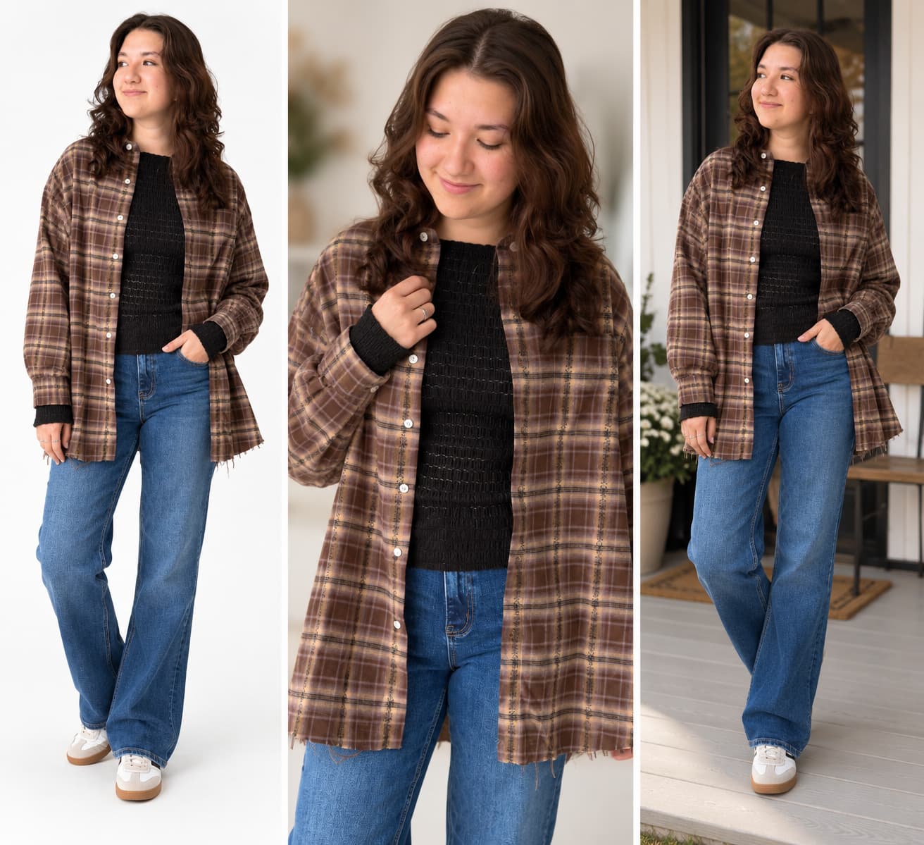 A three-panel collage showing a woman modeling a brown and tan plaid button-front overshirt over a black textured top and blue jeans in different indoor/outdoor settings.