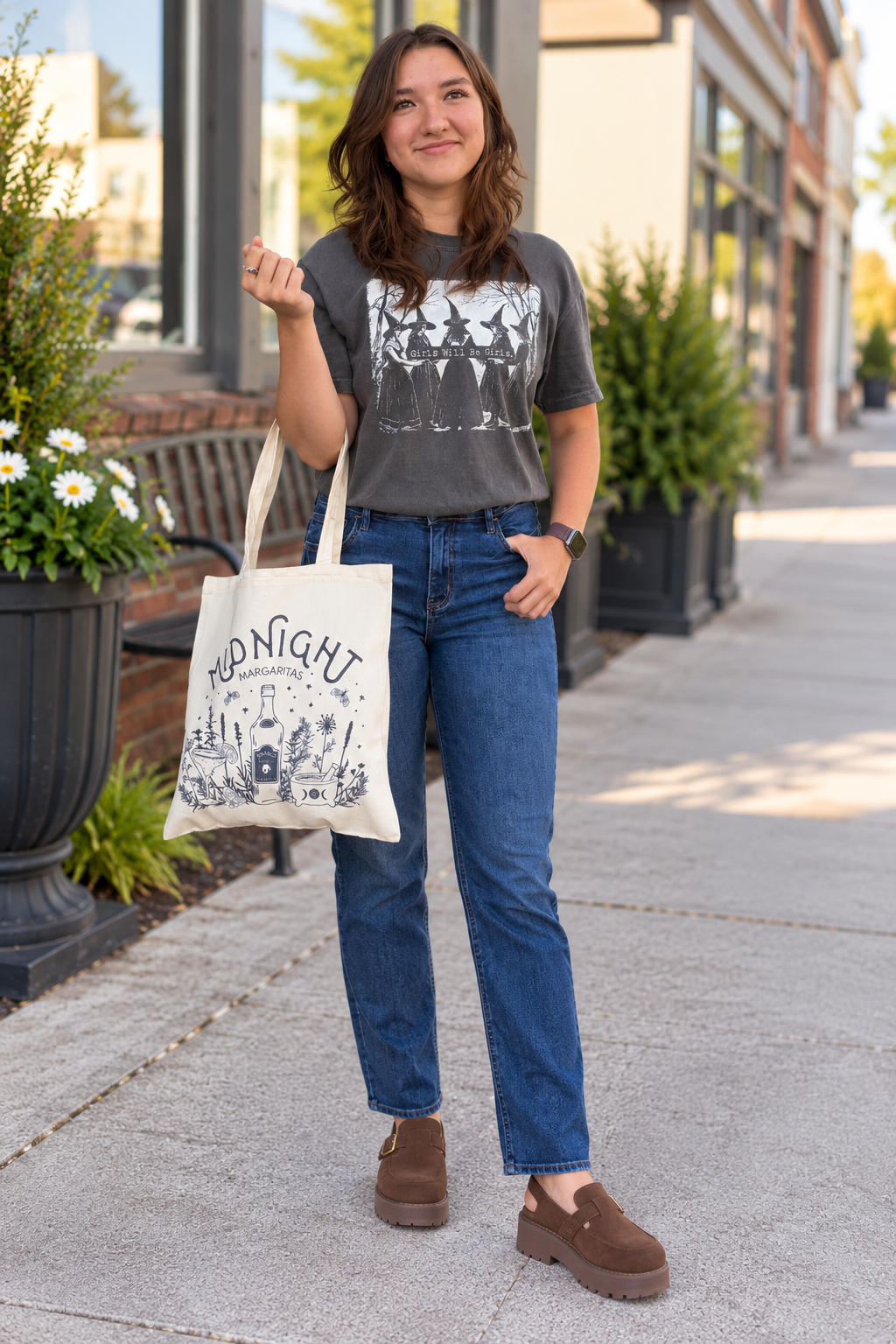 A woman stands on a sidewalk holding a canvas tote bag printed with the words 'Moonlight at Midnight' and a black-and-white castle illustration. She is wearing a dark gray graphic T-shirt, blue jeans, and brown slip-on shoes, with storefront plants and buildings in the background.