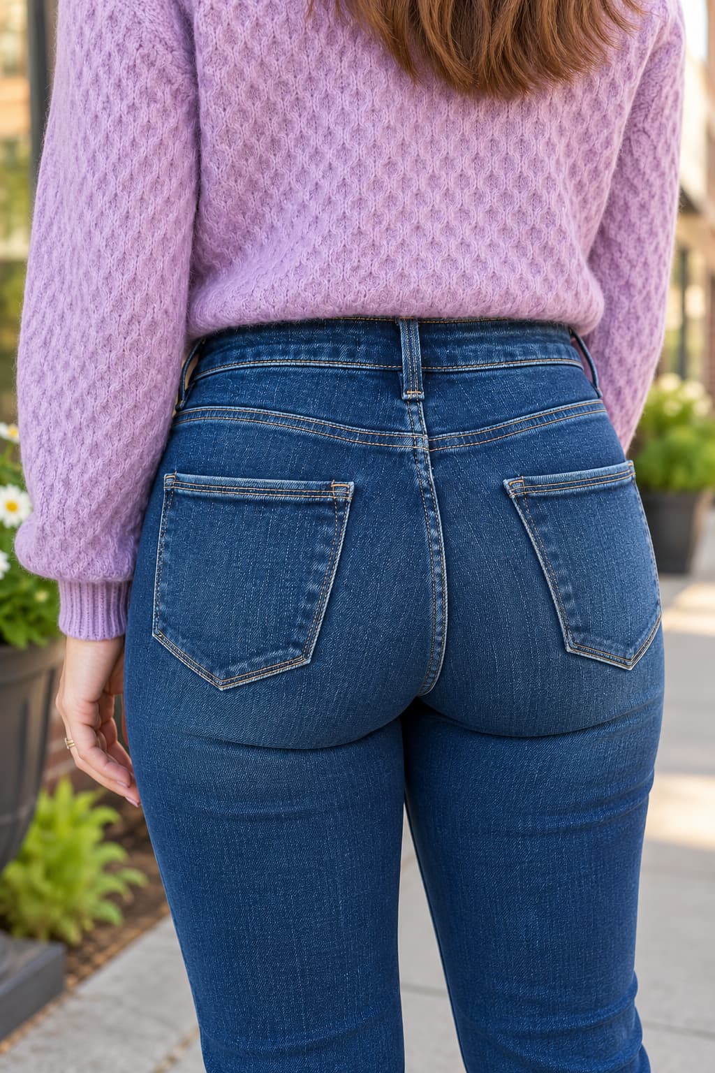 Rear view of a person wearing blue denim jeans and a light purple knit sweater, standing outdoors near potted plants.