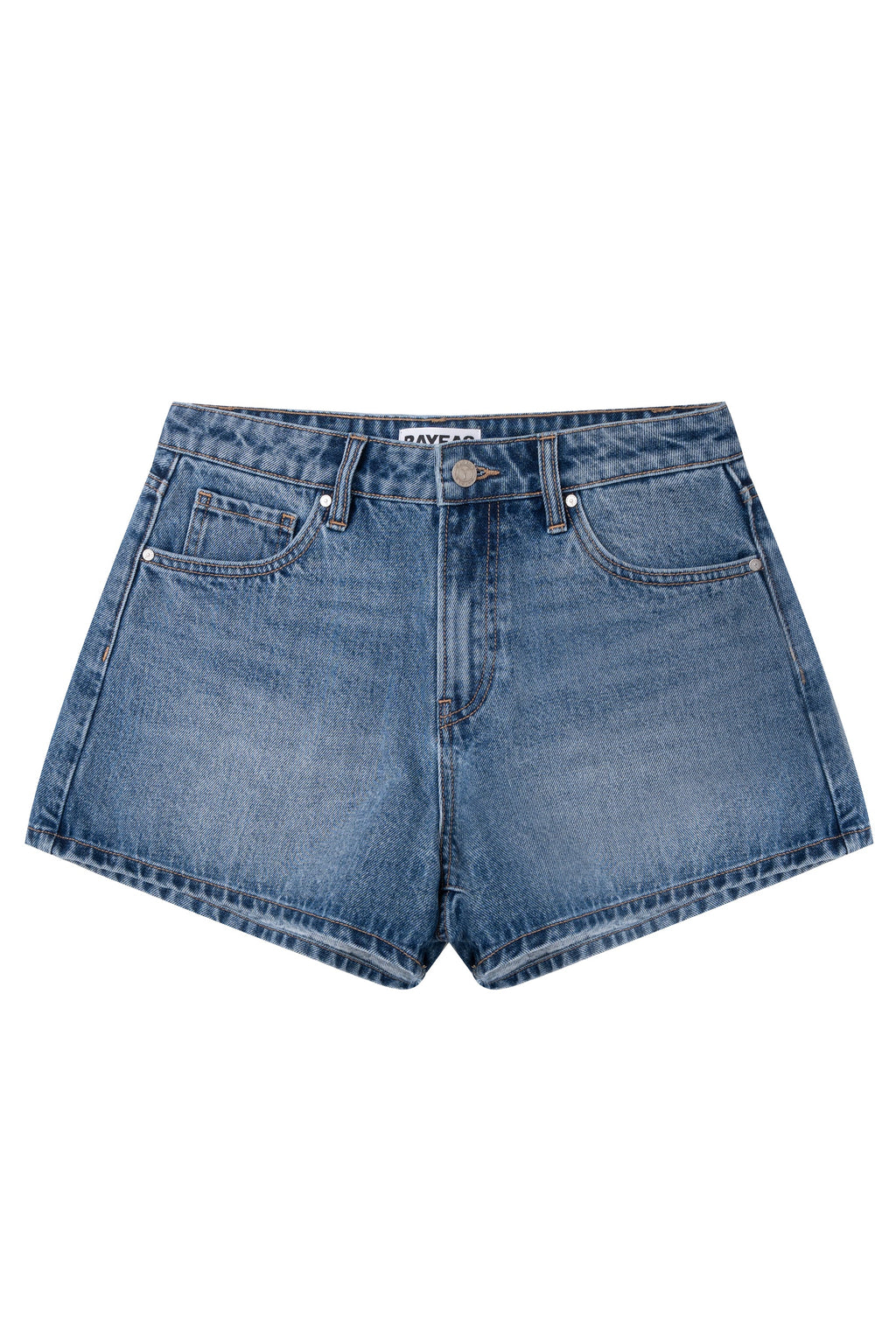 Blue denim shorts on a white background