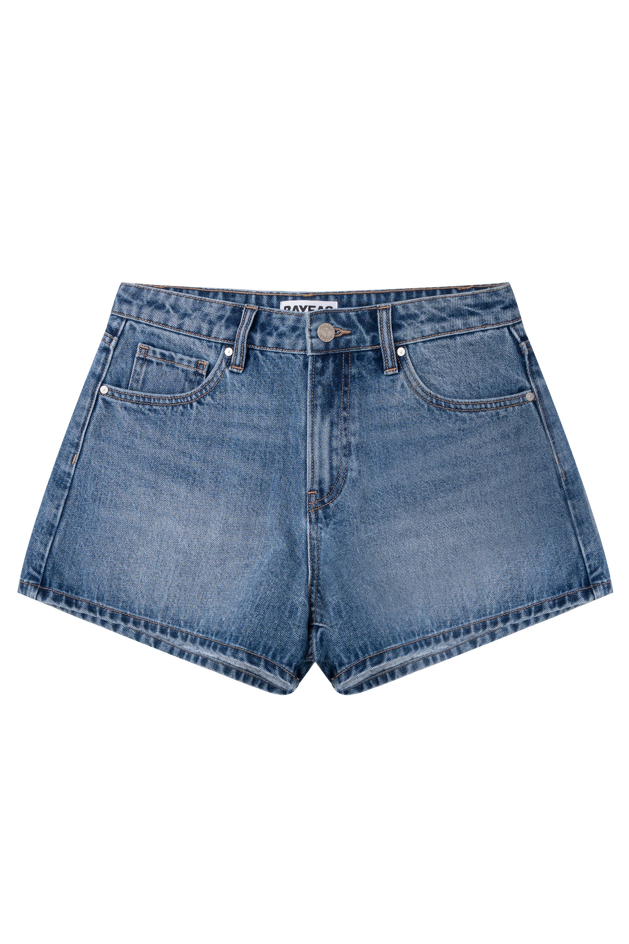 Blue denim shorts on a white background