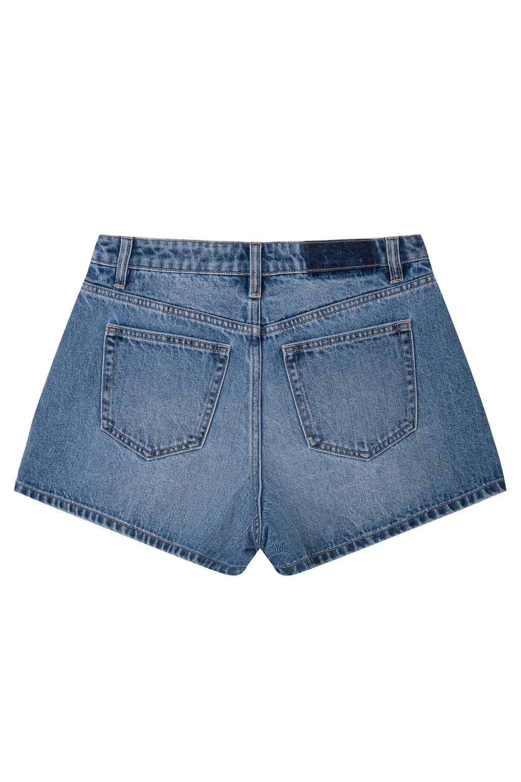 Blue denim shorts on a white background