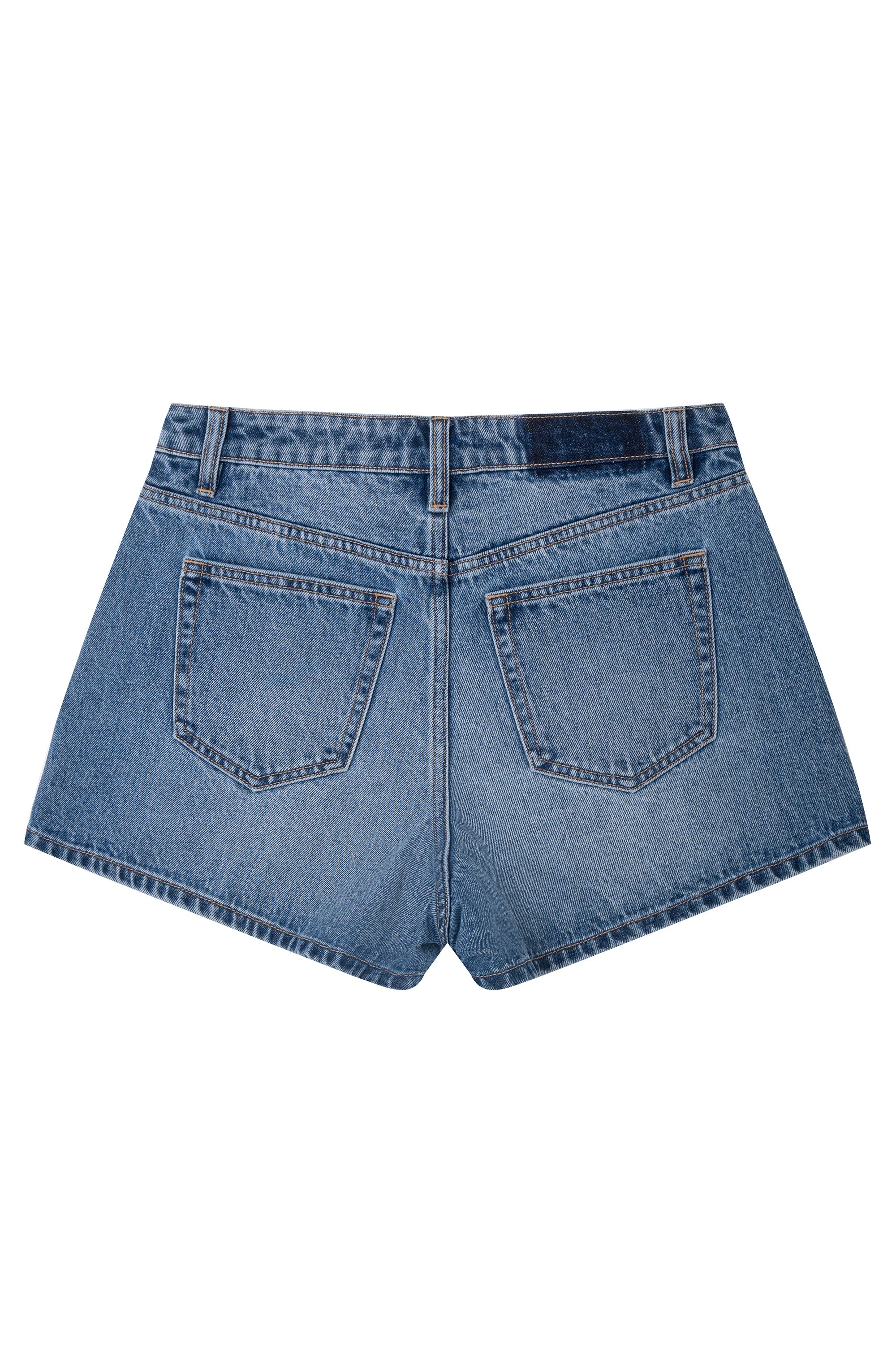 Blue denim shorts on a white background