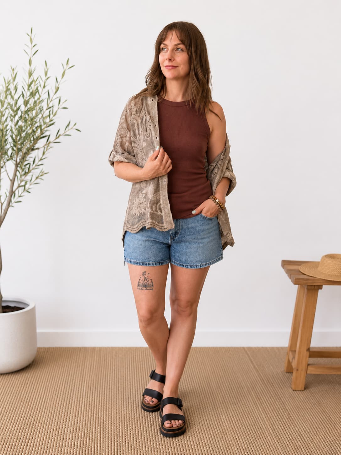 A woman modeling a bohemian-style outfit consisting of a brown ribbed tank top, a beige patterned cardigan, denim shorts, and black slide sandals, standing in a bright room with a potted plant and wooden stool.