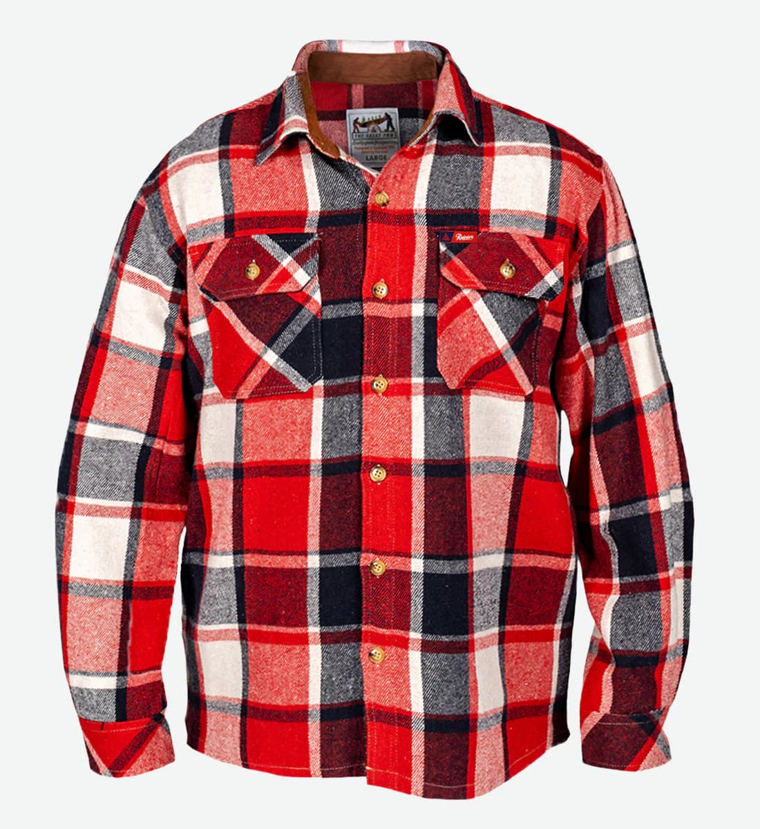 Red and gray plaid shirt with gold buttons on a white background