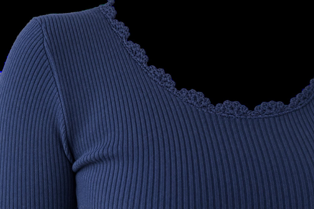 Close-up of a navy blue ribbed knit top with a scalloped lace neckline, shown against a solid black background.