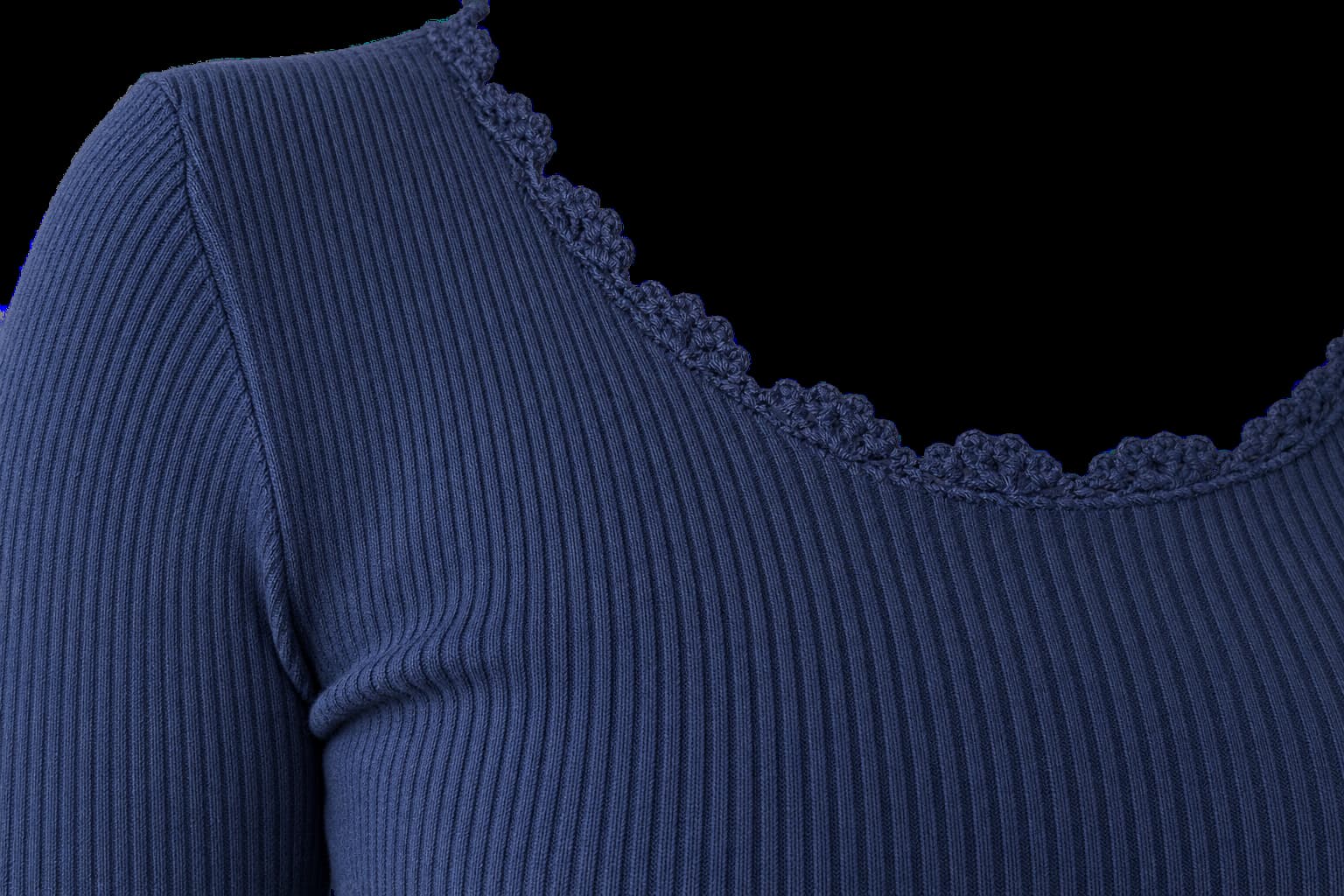 Close-up of a navy blue ribbed knit top with a scalloped lace neckline, shown against a solid black background.