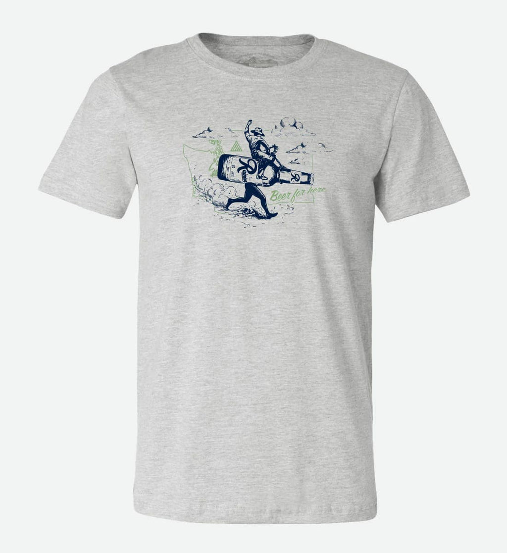 Gray t-shirt with graphic design from Rainier Beer and the Great PNW on a white background