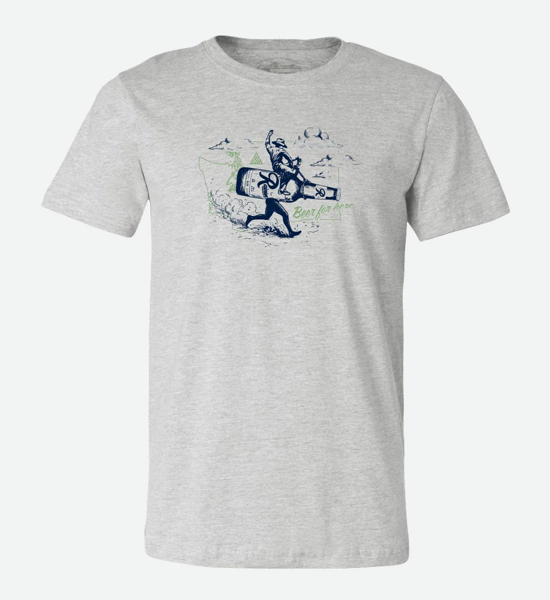 Gray t-shirt with graphic design from Rainier Beer and the Great PNW on a white background