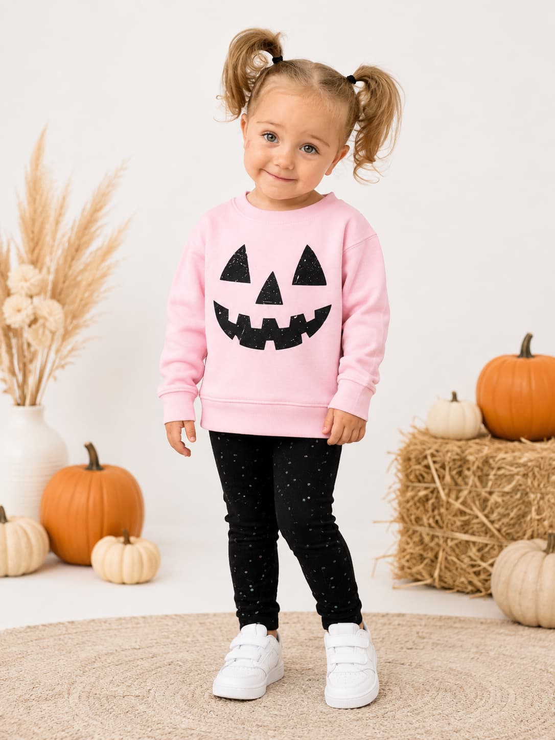 Toddler in pink pumpkin crew sweatshirt with fall background.