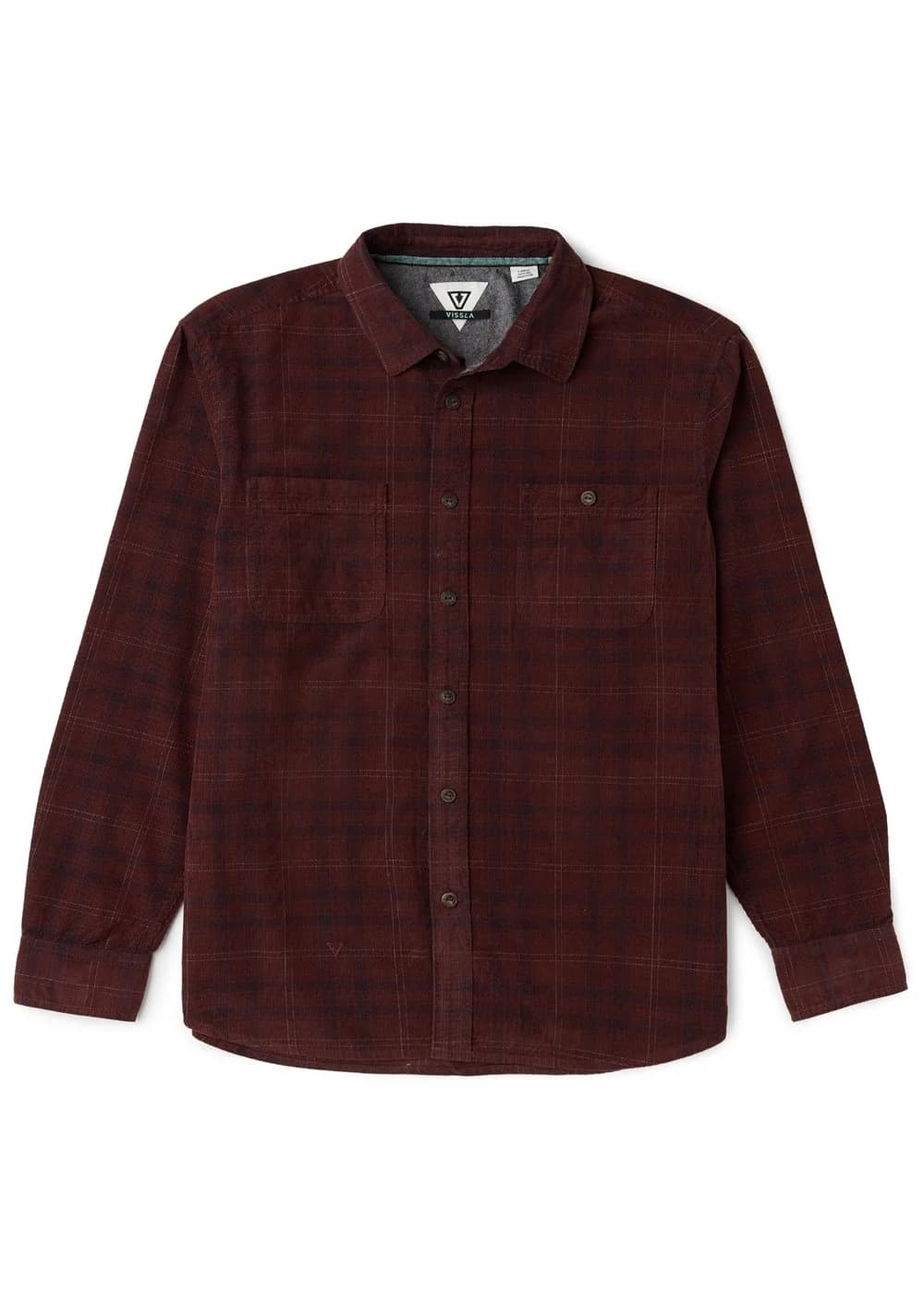 A long-sleeve button-up flannel shirt in a dark burgundy and black plaid pattern, featuring a pointed collar, button-down front, and a chest pocket, shown flat on a white background.