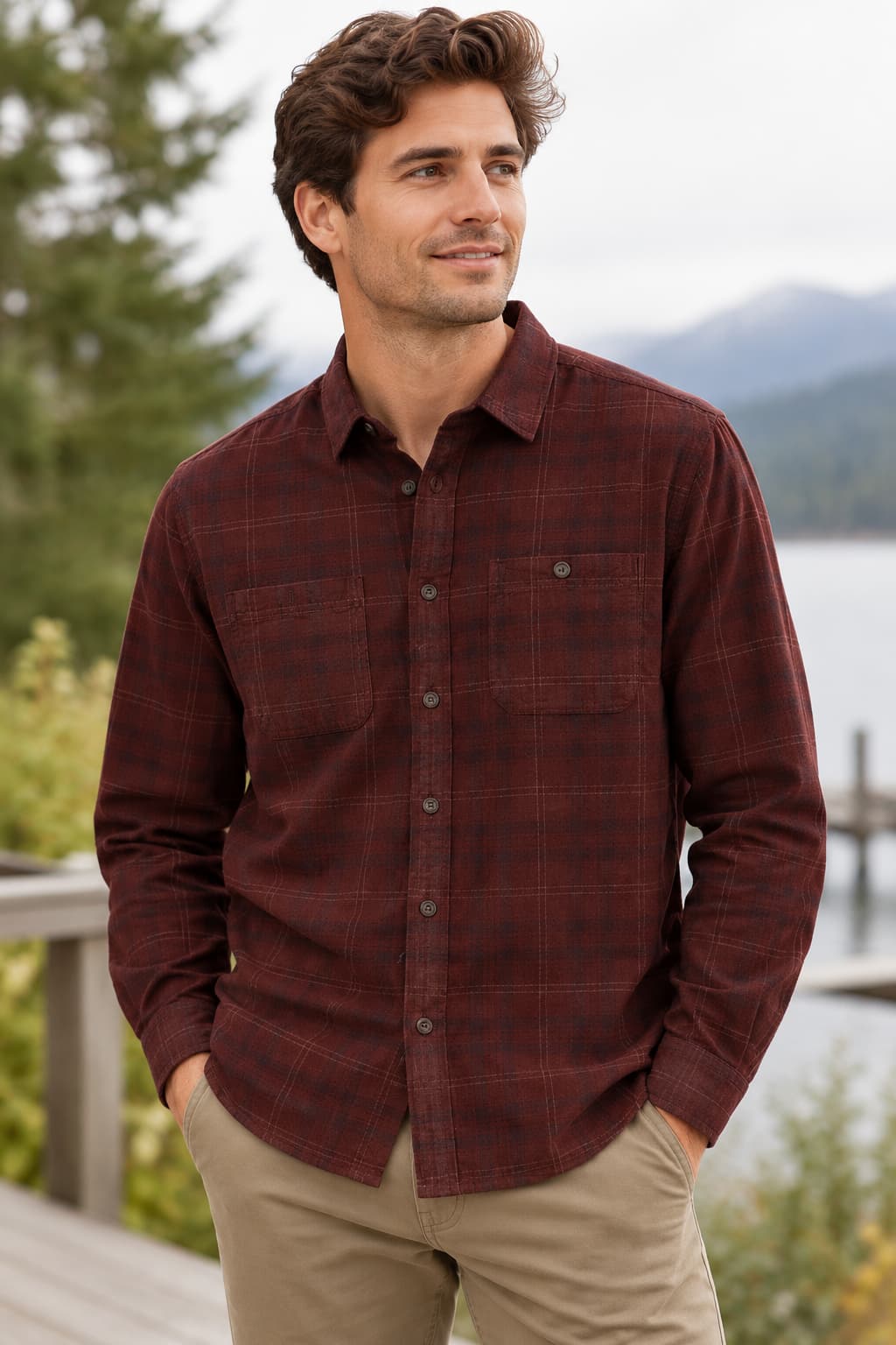 A man wearing a dark red and black plaid button-down shirt with tan pants, standing outdoors near a lake with mountains in the background.