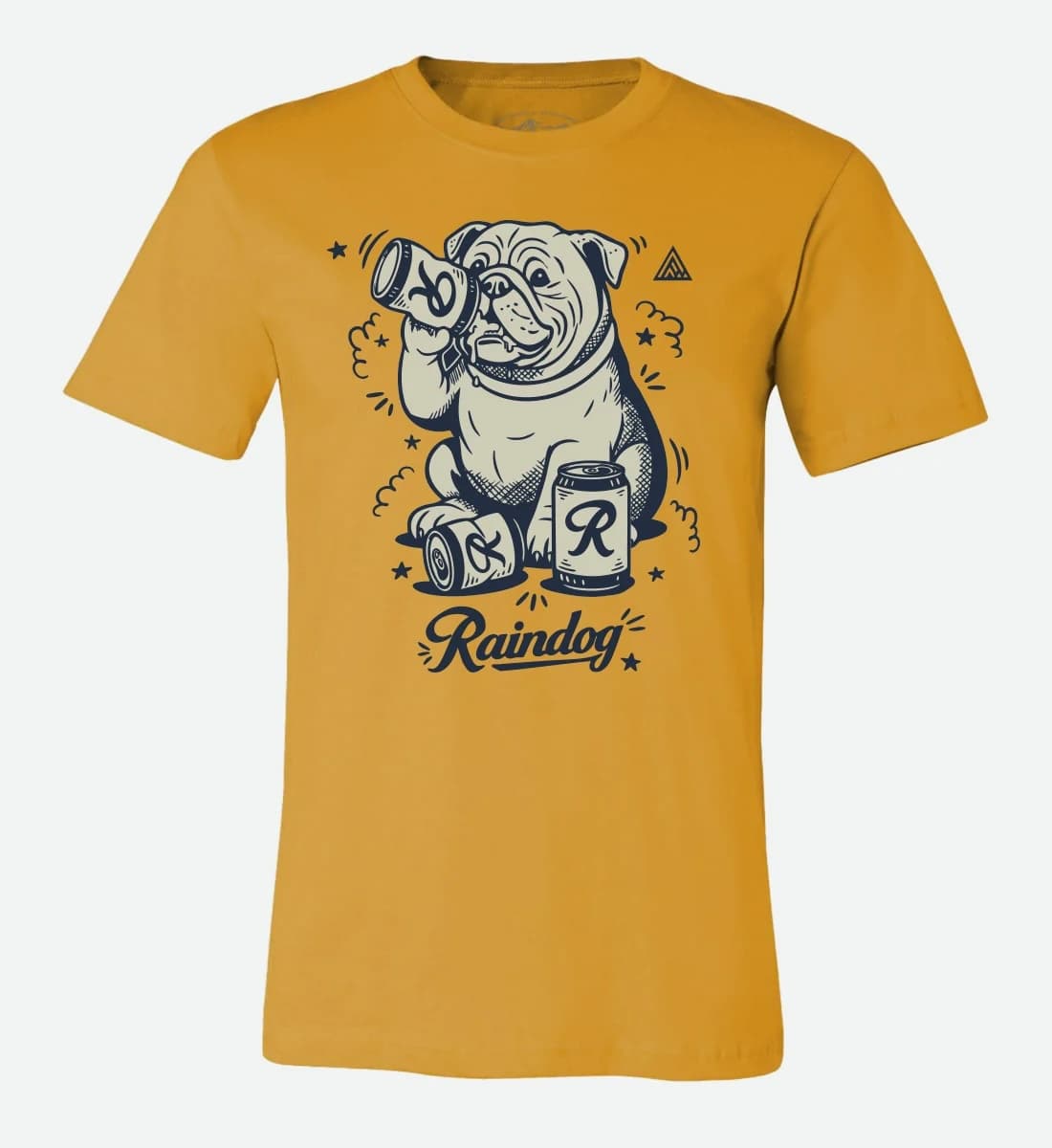 A mustard yellow short-sleeve t-shirt with a graphic of a bulldog holding cans with the letter 'R' on them, and the text 'Raindog' printed below, shown against a light gray background.