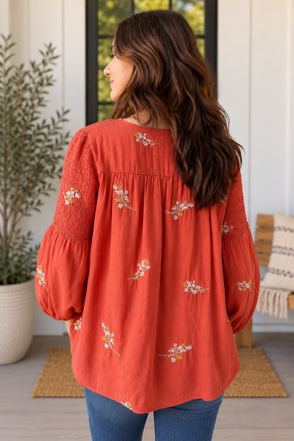 Hayden LA Ditsy Embroidered Rust Tassel Top