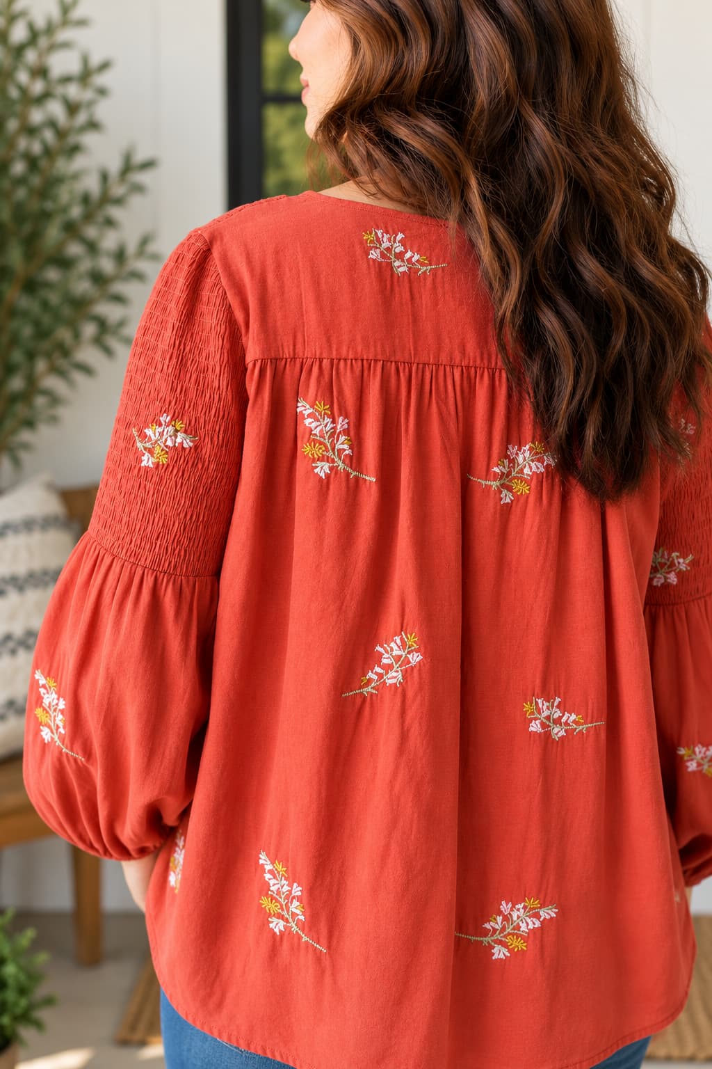 Hayden LA Ditsy Embroidered Rust Tassel Top
