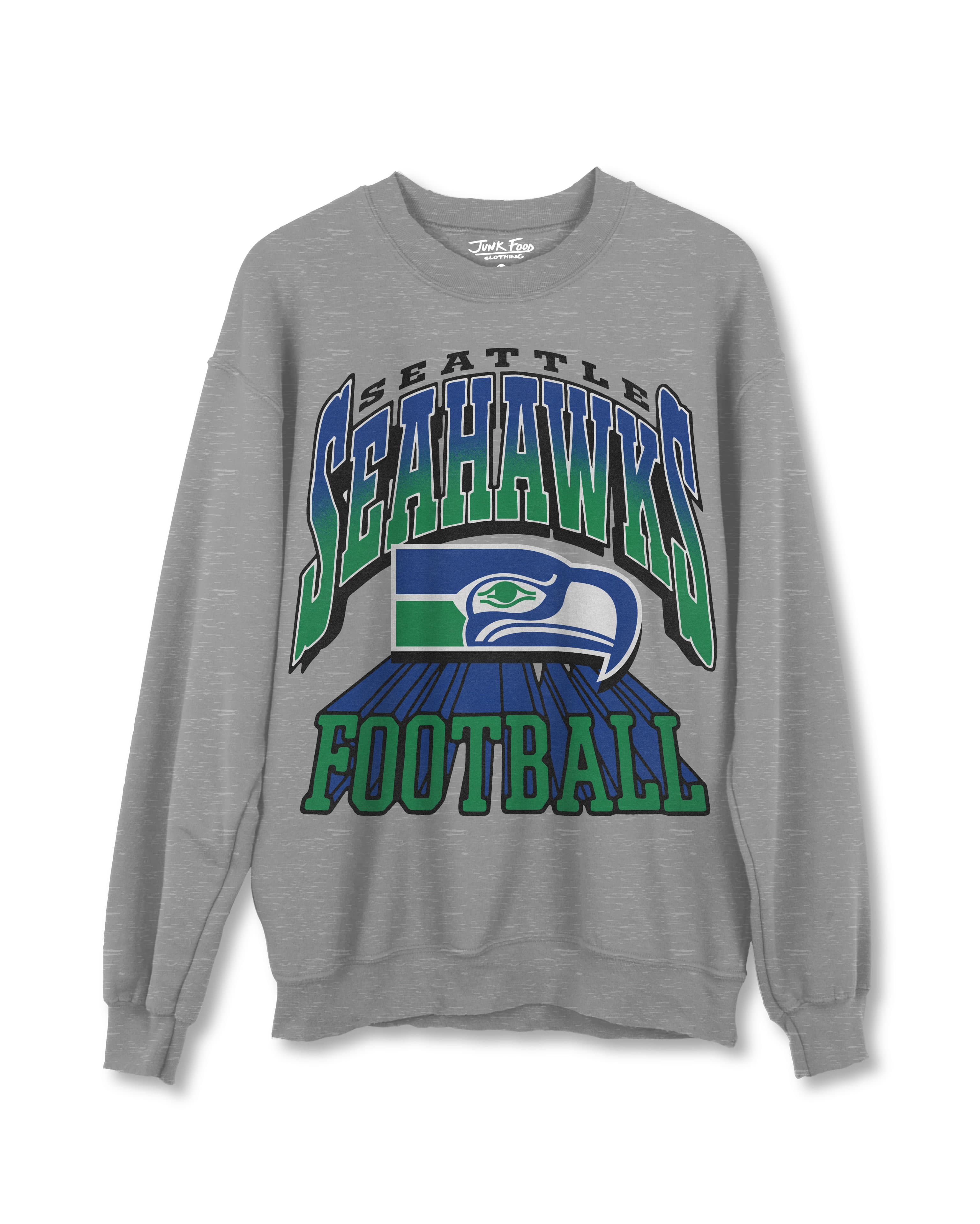 A heather gray crewneck sweatshirt featuring a large Seattle Seahawks Football graphic on the front, including the team logo and text.
