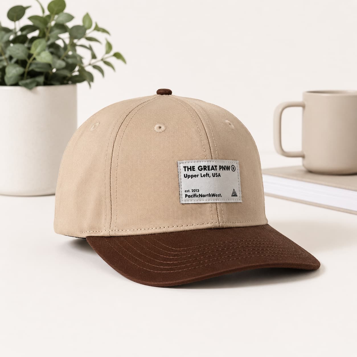 A beige and brown baseball cap with a white brand patch reading 'THE GREAT PWI Upper Lift, USA' on a clean white surface, styled with a potted plant and a mug in the background.