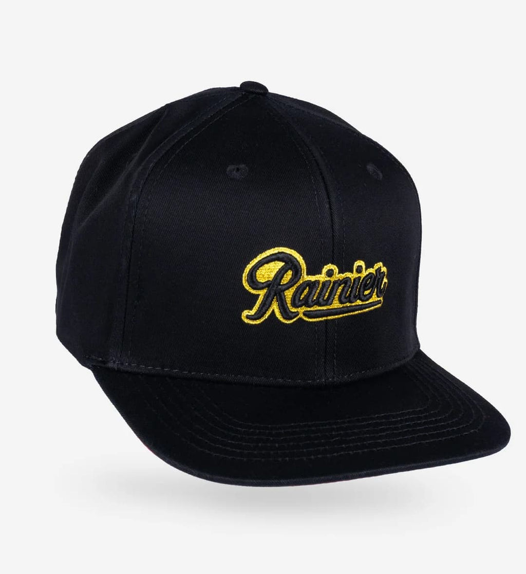 Black cap with yellow 'Rainier' logo on a white background