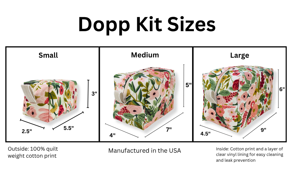 A size comparison chart titled 'Dopp Kit Sizes' showing three rectangular pouches labeled Small, Medium, and Large with printed floral and botanical patterns. The chart includes dimensions in inches and additional text noting 100% quilt weight cotton print and clear vinyl lining.