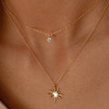 A close-up of a person's neck wearing a double-layered rose gold necklace. The top layer features a delicate chain with a small, clear teardrop gemstone pendant, while the bottom layer has a slightly thicker chain with a rose gold starburst pendant.