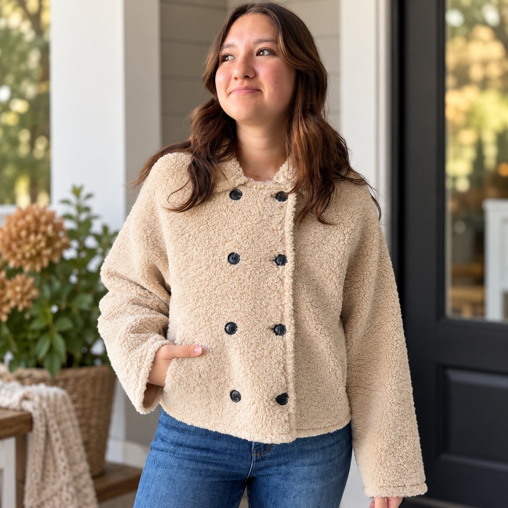 A woman wearing a beige sherpa fleece cropped jacket with black buttons and blue jeans, standing on a porch.