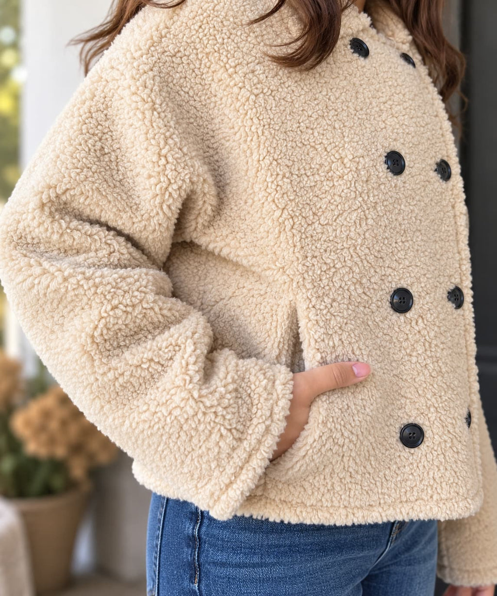 A close-up of a person wearing a cream-colored sherpa fleece jacket with black buttons, paired with blue jeans.