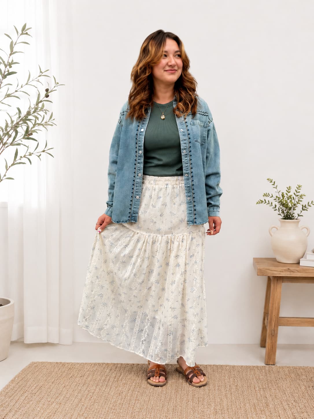 Woman wearing denim embroidered shirt jacket over a ribbed t shirt and tired floral maxi skirt in a home setting.