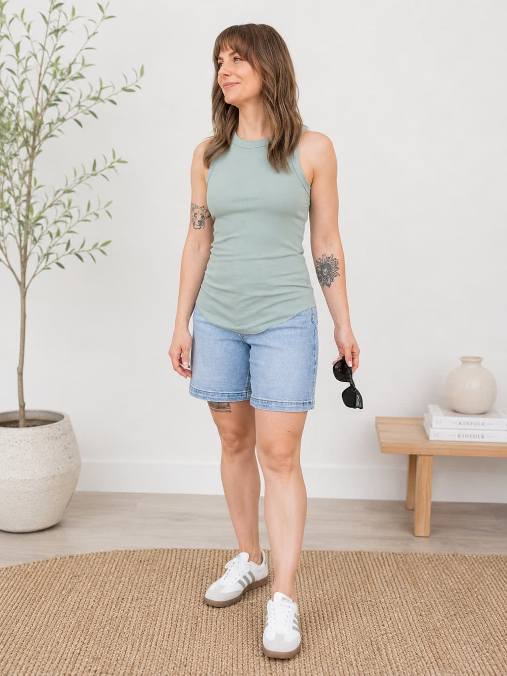Sage Basic Crew Ribbed Tank Top