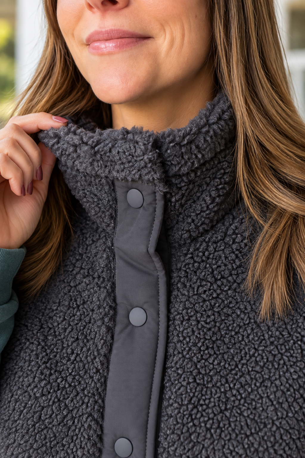 Close-up of a woman wearing a dark gray sherpa fleece jacket with a high collar and snap-button front placket.
