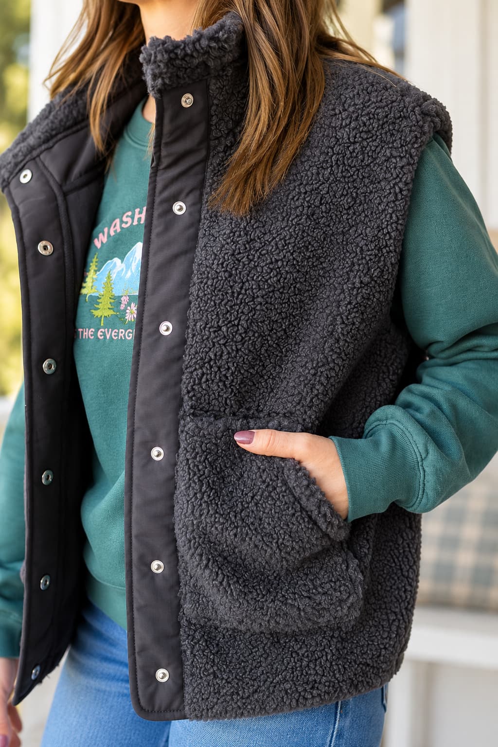 A woman wearing a dark charcoal gray sherpa fleece vest over a green graphic sweatshirt and blue jeans, shown in a close-up lifestyle shot.